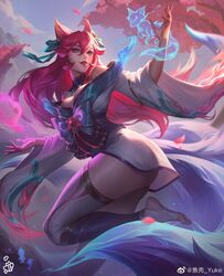  ahri_(league_of_legends) animal_ears artist_name breasts cherry_blossoms cleavage cloud detached_sleeves facial_mark falling_petals feet female fingernails foot_out_of_frame fox fox_ears fox_girl fox_tail full_body hair_between_eyes highres incoming_attack large_breasts league_of_legends legs long_hair looking_ahead multiple_tails nail_polish no_shoes official_alternate_costume official_alternate_hairstyle outdoors parted_lips petals pink_nails pink_petals sharp_fingernails sidelocks sky smile soles solo spirit spirit_blossom_(league_of_legends) spirit_blossom_ahri standing standing_on_one_leg stirrup_legwear tail toeless_legwear toes tree whisker_markings wide_sleeves yuke_(weibo) 