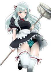  alternate_costume apron aqua_eyes aqua_hair black_dress blush breasts dress enmaided female frilled_apron frilled_dress frills green_panties hair_ornament hairclip highres kantai_collection large_breasts long_hair looking_at_viewer maid maid_apron maid_headdress mikan_29344886 mop panties pantyshot polka_dot polka_dot_panties puffy_short_sleeves puffy_sleeves short_sleeves simple_background smile solo standing standing_on_one_leg suzuya_(kancolle) thighhighs underwear waist_apron white_apron white_background wrist_cuffs 