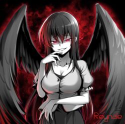  breasts character_name cleavage collarbone commentary_request commission ebiblue fallen_angel feathered_wings female gesugao greyscale_with_colored_background hair_between_eyes high_school_dxd highres long_hair parted_lips pixiv_commission raynare red_eyes shirt signature skirt solo spot_color teeth twitter_username wings 