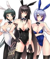  3girls animal_ears arm_strap bare_shoulders black_bow black_bowtie black_hair black_hairband black_leotard black_pantyhose black_sleeves black_thighhighs blue_eyes blue_hair blue_leotard blue_ribbon blunt_bangs blush bow bowtie breasts brown_thighhighs cleavage closed_mouth commentary crossed_bangs dated detached_collar fake_animal_ears feet_out_of_frame gloves hair_between_eyes hairband hand_on_own_hip highres kawakami_momoyo large_breasts leotard long_hair looking_at_viewer low_twintails maji_de_watashi_ni_koi_shinasai! mayuzumi_yukie medium_breasts multiple_girls neck_ribbon pantyhose playboy_bunny purple_eyes rabbit_ears rabbit_tail red_eyes ribbon shiina_miyako short_hair signature simple_background smile standing strapless strapless_leotard symbol-only_commentary tail thighhighs twintails twitter_username very_long_hair white_background white_gloves white_leotard white_ribbon wrist_cuffs yoo_tenchi 