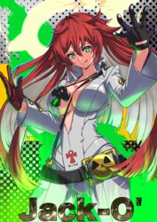  ankh_necklace ass_visible_through_thighs bell-bottoms belt black_gloves blunt_ends bodysuit breasts broken_halo character_name cleavage colored_inner_hair female front_slit gloves green_eyes guilty_gear guilty_gear_strive halo highres jack-o&#039;_valentine kaijin-m large_breasts long_hair long_sleeves multicolored_hair pants red_gloves red_hair skull_belt solo spiked_halo studded_belt tongue tongue_out too_many too_many_belts two-tone_gloves white_bodysuit white_hair 