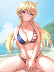  absurdres ahoge american_flag american_flag_bikini american_flag_print beach bikini blonde_hair blue_eyes blue_sky breasts dangan_kurabu female flag_print halterneck highres iowa_(kancolle) kantai_collection large_breasts long_hair navel parted_lips print_bikini sitting sky solo star-shaped_pupils star_(symbol) stomach swimsuit symbol-shaped_pupils thighs very_long_hair 