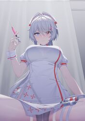  absurdres aether_gazer babing2023 black_bra blue_eyes blush bra bra_visible_through_clothes breasts cleavage curtains dress female hat headband heterochromia highres holding holding_syringe kotachi_(aether_gazer) large_breasts looking_at_viewer nurse nurse_cap panties pill_hair_ornament red_eyes see-through solo spread_legs syringe thigh_strap underwear white_dress white_hair white_headband 