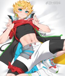  1boy black_shirt blonde_hair blue_eyes blush clothes_lift commentary cropped_shirt dangle_earrings earrings ensemble_stars! full_body g1_(jjw00123) green_hair hands_up harukawa_sora jacket jewelry lying male_focus midriff multicolored_clothes multicolored_hair multicolored_jacket navel on_back on_bed open_clothes open_jacket paid_reward_available red_shirt shirt shirt_lift shoes short_hair shorts smile sneakers socks solo steaming_body sweat twitter_username white_footwear white_shorts white_socks zipper zipper_pull_tab 