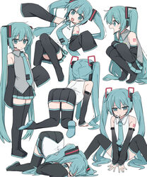  absurdres all_fours black_footwear black_skirt blue_eyes blue_hair blue_necktie boots channel_(_caststation) collared_shirt commentary detached_sleeves female grey_shirt hatsune_miku headphones highres kneeling long_hair looking_at_viewer lying microphone multiple_views necktie on_back open_mouth pleated_skirt shirt sitting skirt sleeveless sleeveless_shirt sleeves_past_fingers sleeves_past_wrists smile squatting standing thigh_boots thighhighs twintails upskirt very_long_hair vocaloid white_shirt 