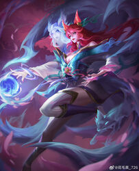  ahri_(league_of_legends) animal_ears artist_name blue_eyes branch breasts chinese_commentary cleavage detached_sleeves energy_ball female fingernails fox fox_ears fox_girl fox_tail hair_between_eyes highres large_breasts league_of_legends long_hair long_sleeves looking_ahead multiple_tails nail_polish official_alternate_costume official_alternate_hairstyle outdoors parted_lips petals pink_hair pink_nails pink_petals ranonkel726 rose_petals sharp_fingernails sidelocks solo spirit spirit_blossom_(league_of_legends) spirit_blossom_ahri standing tail tree wide_sleeves 