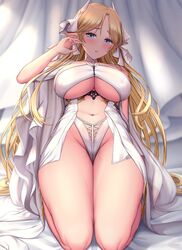  azur_lane bare_legs bare_shoulders blonde_hair blue_eyes blush breasts brest_(azur_lane) clothing_cutout collarbone dress female highres kneeling large_breasts leotard long_hair looking_at_viewer melopun open_mouth parted_bangs pointy_ears revealing_clothes solo thighs underboob underboob_cutout white_dress white_leotard 