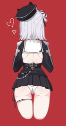  absurdres ass azur_lane black_dress black_headwear black_skirt chains commentary cropped_legs dress female from_behind hair_bun hands_up heart highres jade_(azur_lane) londom_(lonhomewell) miniskirt panties pleated_skirt red_background short_hair simple_background skirt solo thigh_strap tilted_headwear underwear white_hair white_panties 