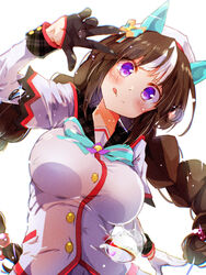  :q animal_ears arm_up beret black_gloves blush bow braid breasts brown_hair closed_mouth commentary_request female gloves grey_sailor_collar hair_bobbles hair_ornament half_gloves hat highres hokko_tarumae_(umamusume) horse_ears horse_girl long_hair long_sleeves looking_at_viewer low_twintails medium_breasts multicolored_hair plaid plaid_sailor_collar purple_eyes rinrin_(927413) sailor_collar shirt simple_background smile solo star_(symbol) star_hair_ornament streaked_hair striped striped_bow tongue tongue_out twin_braids twintails umamusume v-shaped_eyebrows very_long_hair w water_drop white_background white_hair white_hat white_shirt 