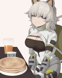  :3 absurdres act_(xadachit) animal_ears blue_eyes body_markings bodysuit bracer breasts cat_ears cleavage cleavage_cutout closed_mouth clothing_cutout commission english_commentary fake_animal_ears fangs female food girls&#039;_frontline girls&#039;_frontline_2:_exilium glass gloves half-closed_eyes hands_on_own_legs heterochromia highres jazz_the_blini_cat_(meme) juice large_breasts long_hair looking_at_viewer meme on_chair orange_juice pancake pancake_stack paw_print peritya_(girls&#039;_frontline_2) sitting skin_fangs smile solo white_hair yellow_eyes 