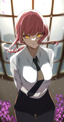  absurdres black_necktie black_pants blurry blurry_background braid braided_ponytail breasts chainsaw_man collared_shirt cowboy_shot female flower highres k_(art71) long_hair makima_(chainsaw_man) necktie office_lady pants purple_flower red_hair shadow shirt solo thigh_gap white_shirt yellow_eyes 