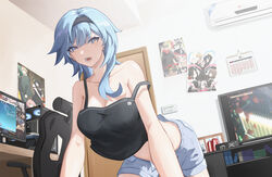  absurdres alternate_costume anya_(spy_x_family) bare_arms bare_shoulders black_hairband blue_hair breasts camisole cleavage collarbone commentary_request crop_top door eula_(genshin_impact) female genshin_impact grey_shorts hairband hatake_kakashi highres hyuuga_hinata indoors kaguya-sama_wa_kokurasetai_~tensai-tachi_no_renai_zunousen~ kazezz long_hair midriff monitor nara_shikamaru naruto:_the_last naruto_(series) sai_(naruto) sakura_haruno short_shorts shorts solo spaghetti_strap spy_x_family strap_slip twilight_(spy_x_family) uchiha_sasuke uzumaki_naruto yor_briar 