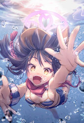  :d absurdres animal_ears bead_bracelet beads bikini black_hair blue_archive blush bracelet breasts commentary_request female fox_ears fox_girl fox_tail halo highres izuna_(blue_archive) izuna_(swimsuit)_(blue_archive) jewelry looking_at_viewer medium_breasts official_alternate_costume pink_halo red_scarf scarf short_hair smile solo striped_bikini striped_clothes swimsuit tail teeth tomonx underwater upper_teeth_only visor_cap 