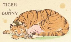 barnaby_brooks_jr closed_eyes clothing cuddling duo eyewear felid feral glasses hat hat_only headgear headgear_only headwear headwear_only hindpaw kaburagi_t_kotetsu lagomorph leporid mackerel_(artist) male mammal mostly_nude pantherine pawpads paws quadruped rabbit sleeping stripes tail tiger tiger_and_bunny whiskers