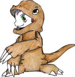 2009 agumon bandai_namco black_eyes claws clothing colored_pencil_(artwork) cosplay costume digimon digimon_(species) digimon_costume dinosaur extinct fangs furry_wearing_fursuit fursuit gomamon green_eyes male markings prehistoric_species reptile sahikari scalie simple_background solo tail teeth traditional_media_(artwork) white_background white_body