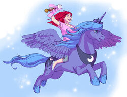 alicorn blue_hair bone cloud crossover cutie_mark demon diva_beelze duo equid equine evil_diva feathered_wings feathers female feral flying friendship_is_magic hair hasbro horn long_hair mammal my_little_pony mythological_creature mythological_equine mythology outside princess princess_luna_(mlp) quadruped red_hair royalty skull sky skyscape smile tail team_diva wand wings