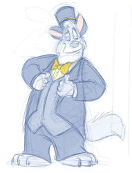 3_toes 4_fingers anthro barefoot biped black_tie_(suit) bottomwear bow_(feature) bow_tie canid canine canis claws clothed clothing colored_sketch feet fingers front_view fully_clothed fur hat headgear headwear looking_aside male mammal nickwolf nickwolf_(character) pants shirt sketch smile solo standing suit tail toes toony top_hat topwear vest white_body white_fur wolf