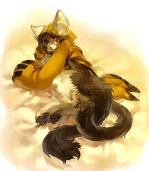 :3 anthro arc_system_works asian_mythology beastkin black_pawpads blazblue cathood clothing digitigrade east_asian_mythology eye_patch eyewear felid feral fluffy hi_res hindpaw hoodie japanese_mythology jeacn jubei_(blazblue) kaka_(blazblue) looking_at_viewer male mammal multi_tail mythology nekomata pawpads paws red_eyes solo tail topwear whiskers yokai