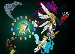 8_wings ambiguous_gender angel arceus bandai_namco battle black_background black_body blonde_hair claws clothing crossover digimon digimon_(species) duo feathered_wings feathers feral fight generation_4_pokemon green_eyes h_box hair hi_res humanoid legendary_pokemon lucemon lucemon_chaos_mode mismatched_wings multi_wing nintendo pokemon pokemon_(species) quadruped simple_background tail teeth white_body white_clothing white_feathers winged_humanoid wings