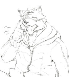 anthro beau_(artist) eye_patch eyewear felid low_res male mammal monochrome open_mouth pantherine sketch solo stripes tiger yawn