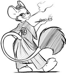 0r0ch1 anthro asian_clothing big_ears black_hair chonmage clothing dipodomyine east_asian_clothing eyewear gang_xi_siyu glasses hair heteromyid japanese_clothing kangaroo_rat kimono male mammal monochrome opium pipe rodent silk siyu smoke smoking smoking_pipe solo tail tail_tuft tuft wide_hips