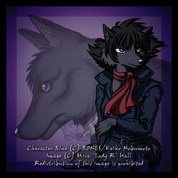 1:1 anthro black_border blue_(wolf&#039;s_rain) blue_eyes border canid canine canis collar female looking_away mammal mira_hall mythological_canine mythological_creature mythology scarf solo tail were werecanid werecanine werewolf wolf wolf&#039;s_rain