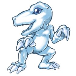 1:1 agumon alpha_channel ambiguous_gender bandai_namco blue_body blue_eyes claws digimon digimon_(species) dinosaur extinct prehistoric_species reptile scalie simple_background snowagumon solo spoonyliger theropod transparent_background white_body