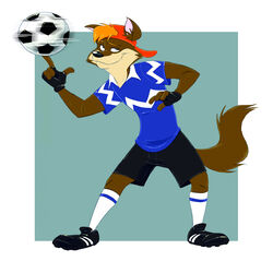 anthro athletic athletic_anthro athletic_male ball ball_on_finger black_eyes black_nose brown_body brown_fur canid canine canis clothing fur furgonomics hair hat headgear headwear hi_res male mammal nickwolf orange_hair soccer soccer_ball solo sport tail wolf