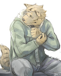 4:5 5_fingers anthro beau_(artist) biped bottomwear clothed clothing colored_sketch eye_patch eyewear felid fingers front_view fully_clothed fur jacket looking_aside male mammal pantherine pants shirt simple_background sitting sketch solo stripes tail tan_body tan_fur tiger topwear white_background