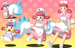 2010 clipboard clothed clothed_feral clothing edmol female feral generation_4_pokemon hat headgear headwear holding_clipboard holding_object human human_to_feral mammal nintendo nurse nurse_clothing nurse_hat nurse_headwear nurse_joy nurse_uniform on_heels pachirisu pattern_background paws pokemon pokemon_(species) red_cross rodent sciurid simple_background solo species_transformation tail transformation uniform