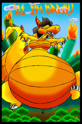 black_border border breasts brown_hair destruction dialogue digital_media_(artwork) dragon english_text female fire hair hi_i&#039;m_daisy hi_res long_hair luigi macro male mario_bros mythological_creature mythological_scalie mythology nintendo non-mammal_breasts overweight princess_daisy running scalie scared size_difference solo tail text virus-20 walking