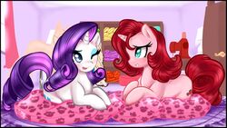 2012 black_border blossomppg blue_eyes blush border cutie_mark duo equid equine female feral friendship_is_magic fur hair hasbro hi_res horn inside long_hair lying makeup mammal my_little_pony mythological_creature mythological_equine mythology one_eye_closed open_mouth pillow pink_body pink_fur purple_hair quadruped rarity_(mlp) red_hair tail unicorn white_body white_fur wink