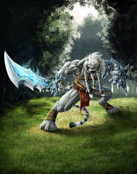 abs action_pose adrean_(artist) ajani_goldmane anthro biceps bottomwear catfolk clothing detailed_background felid forest grass hasbro hi_res holding_melee_weapon holding_object holding_sword holding_weapon hybrid leonin loincloth looking_at_viewer magic:_the_gathering male mammal mane melee_weapon muscular muscular_male nature outside pantherine pecs planeswalker plant pose scenery shield solo standing stripes sword tail tiger tree warrior weapon wizards_of_the_coast wood