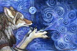 2002 ambiguous_gender anthro biped black_claws black_nose blowing blue_background canid canine canis claws closed_eyes coyote dreamcatcher feathers full_moon fur grey_body grey_fur inner_ear_fluff kyoht_luterman mammal moon native_american simple_background solo spiral star tribal tuft