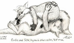 aldi anthro belly belly_hug belly_rub canid canine cuddling duo english_text fox hug kangaroo low_res macropod male mammal marsupial nude overweight roofus slik tail text