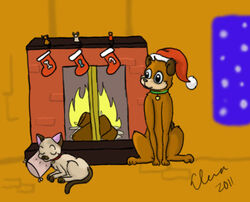 2011 ambiguous_gender boobytrapzap boxing canid canine canis christmas clothing colorpoint day domestic_cat domestic_dog duo elena_(disambiguation) felid feline felis feral fire fireplace holidays legwear log low_res mammal quadruped solstice sport stockings tail warm wood yule