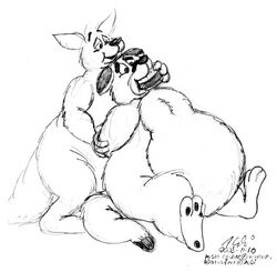 aldi anthro bound cougar duo eating felid feline force_feeding forced kangaroo macropod male mammal marsupial mishi monochrome nude obese overweight roofus stuffing tail thick_tail weight_gain