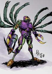 arachnid arthropod claws gun hasbro humanoid laugh machine male multi_arm multi_limb multicolored_body predacon purple_background ranged_weapon robot robot_humanoid shadow simple_background solo spider takara_tomy tarantulas transformers transformers:_beast_wars weapon weremole_(artist) yellow_eyes