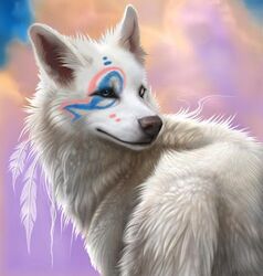 ambiguous_gender blue_markings brown_eyes bust_portrait canid canine canis digital_media_(artwork) eye_markings facial_markings feathers feral fluffy fur head_markings khaosdog low_res mammal markings pink_markings portrait side_view solo sunset white_body white_feathers white_fur wolf