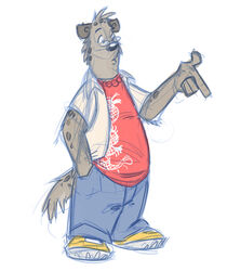 4_fingers anthro biped black_nose bottomwear clothed clothing colored_sketch eyewear fingers footwear fully_clothed glasses hand_in_pocket hyena male mammal nickwolf pants pince-nez pockets shirt shoes simple_background sketch solo spotted_hyena standing tail toony topwear white_background