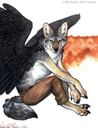 2002 abstract_background anthro biped black_pawpads black_wings canid canine canis clothed clothing coyote feathered_wings feathers kyoht_luterman looking_at_viewer male mammal pawpads paws simple_background sitting solo spread_wings tail topless were werecanid werecanine werecoyote wings yellow_eyes