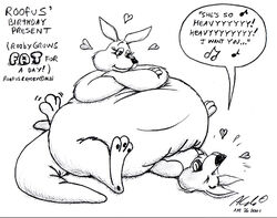 aldi birthday butt_crush dialogue duo english_text female happy heart_symbol kangaroo macropod male mammal marsupial nude obese overweight rooby roofus singing sitting tail text thick_tail weight_gain