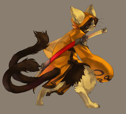 :&lt; anthro arc_system_works arms_bent asian_mythology beastkin blazblue cat_tail closed_frown clothing east_asian_mythology eye_patch eyewear felid fluffy frown hi_res hood hoodie japanese_mythology jeacn jubei_(blazblue) kaka_(blazblue) male mammal melee_weapon mouth_closed multi_tail mythology nekomata obscured_eyes solo sword tail topwear weapon whiskers wide_stance yokai