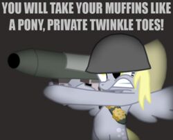 2011 armor bandolier crossover cutie_mark derp_eyes derpy_hooves dialogue ecto-500 english_text equid equine feathered_wings feathers female food friendship_is_magic grey_body grey_feathers hasbro headgear helmet holding_object holding_weapon impact_(font) mammal muffin my_little_pony mythological_creature mythological_equine mythology pegasus ranged_weapon rocket_launcher soldier_(team_fortress_2) solo team_fortress_2 text valve weapon wings