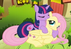 2012 arthropod bite blush buttercup_saiyan butterfly closed_eyes cuddling cutie_mark detailed_background duo ear_nibble ear_nom equid equine feathered_wings feathers female female/female feral feral_on_feral fluttershy_(mlp) forest friendship_is_magic fur grass hair hasbro hooves horn insects junglepony lepidopteran long_hair looking_back mammal multicolored_hair my_little_pony mythological_creature mythological_equine mythology nibbling nom outside pegasus pink_hair plant purple_body purple_fur purple_hair quadruped romantic romantic_couple short_hair smile tail teal_eyes tree twilight_sparkle_(mlp) two_tone_hair underhoof unicorn wings wood yellow_body yellow_feathers