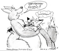 aldi anthro belly belly_hug birthday blush canid canine cuddling dialogue duo english_text fox happy hug kangaroo macropod male mammal marsupial overweight reggie_(disambiguation) roofus squish struggling tail text