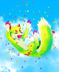 candy canid closed_eyes cloud dessert digital_media_(artwork) falvie falvie_(character) female feral fionbri food fur green_body green_fur happy mammal mars_incorporated outside pink_nose skittles_(candy) sky skyscape solo sparklefur tail