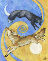 2003 abstract_background ambiguous_gender canid canine canis colored_pencil_(artwork) coyote duo european_mythology feral fox hati_(mythology) kyoht_luterman mammal moon mythology norse_mythology quadruped red_fox silver_fox simple_background skoll_(mythology) spiral sun tail traditional_media_(artwork) true_fox yin_yang yin_yang_symbolism