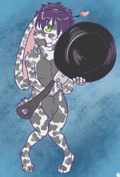 accessory anthro blue_background cookware frying_pan green_eyes hair hair_accessory hairband heart_symbol jazminbunni kitchen_utensils lagomorph leporid long_ears love male mammal messymutt multicolored_body purple_hair rabbit rainbow simple_background solo spots tools