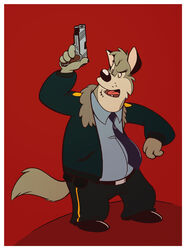 4_fingers anthro belt belt_pouch biped border bottomwear canid canine canis claws clothed clothing dress_shirt fingers footwear fully_clothed gun handgun holding_gun holding_object holding_ranged_weapon holding_weapon jacket looking_aside male mammal necktie nickwolf nickwolf_(character) open_mouth orange_eyes pants pistol ranged_weapon red_background shirt shoes simple_background solo standing tail topwear weapon white_border wolf